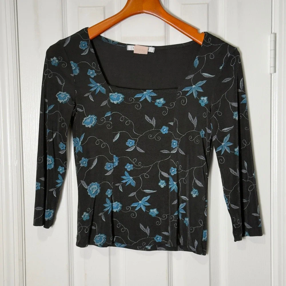 Vintage Y2K La Belle Floral Fitted Top‎ Fairy Grunge Whimsigoth Square Neck L